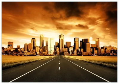 Produktbild von Wallario Premium Glasbild, freischwebende Optik, kräftige Farben, Größe 100 x 70 cm Motiv Skyline am Ende der Straße