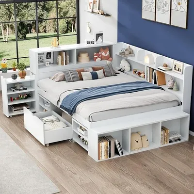 Obrázek produktu pro Dětská postel, 140x200 cm, dvoulůžko, multifunkční dětská postel se zásuvkami, regálem na knihy a úložným prostorem, velký úložný prostor, rošt, bez matrace, bílá