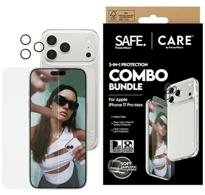 Image de PanzerGlass SAFE. | CARE™ by ® Combo Bundle 3-en-1 iPhone 17 Pro Max, Apple, Apple - iPhone 17 Pro Max, Application à sec, Résistant aux rayures, Résistant aux chocs, Transparent, 1 pièce