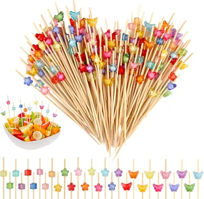 Productafbeelding van Cocktailspiesen - Houten spiesen - 12 cm - Cocktaildecoratie - Tandenstokers - Hout met vlinder - Bloem en kristallen dobbelstenen