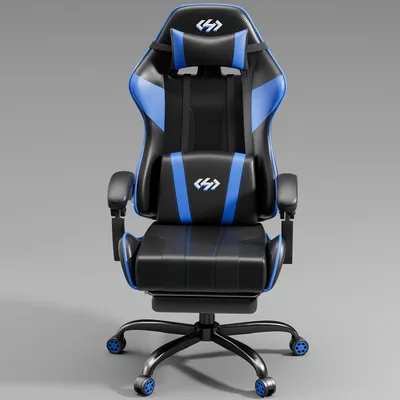Image de Siège de jeu – Fauteuil de bureau ergonomique avec repose-pieds et mousse à mémoire de forme – Noir et bleu