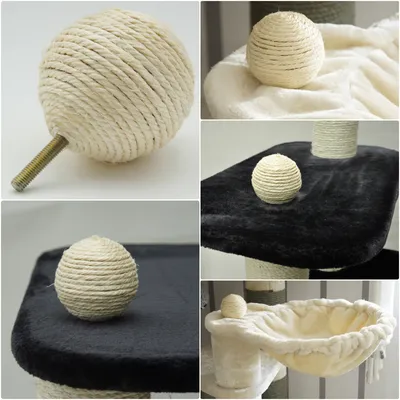 Collage of images showing a sisal ball for a cat tree, with close-ups and examples of its use.