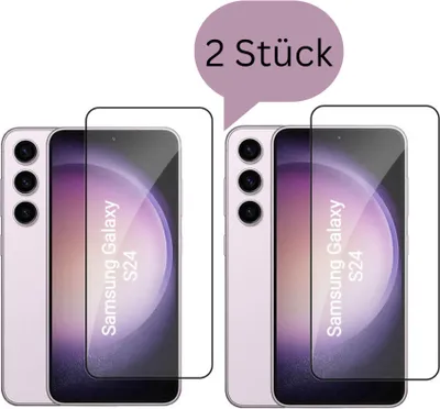 Two Samsung Galaxy S24 phones with screen protectors applied.