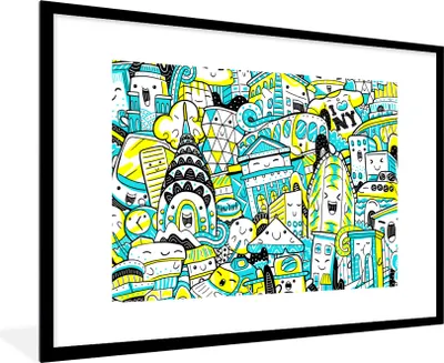 Produktbild von MuchoWow® MuchoWow® Gerahmtes Poster New York - Blau - Gelb 90x60 cm - Poster mit zchwarzem Bilderrahmen - Wanddekoration - Fotos