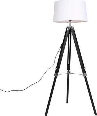 Produktbild von QAZQA - Industrie I Vintage I Stehlampe schwarz mit weißem Leinenschirm 45 cm - Tripod I Dreifuß Lampe I Dreifuss I Wohnzimmer I Schlafzimmer - Holz Länglich - LED geeignet E27
