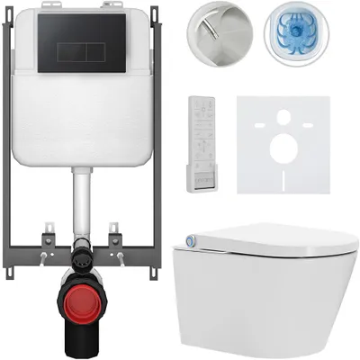 Zdjęcie produktu dla CERANO – Wisząca toaleta z bidetem Cronus Pro – biała z połyskiem – przycisk Prime/Modulo, czarna – do zabudowy – 59,3 x 38,4 cm