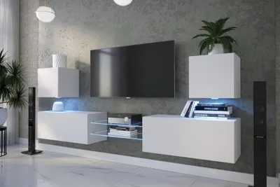 Produktbild von Furnitech Wohnwand Wohnzimmer - Wohnzimmer Möbel mit LED RGB - Hängend Wohnwand Modern - Wohnzimmer Schrankwand(D144N-21W-M4-1B)