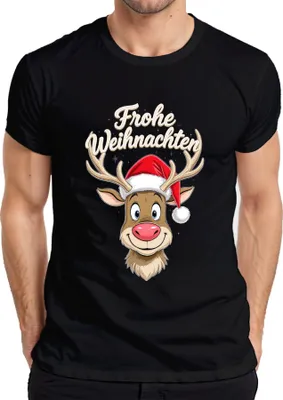 Produktbild von Frohe Weihnachten Rentier Niedlich Cartoon Weihnachtsmütze Lustig Herren T-Shirt, Schwarz, XL