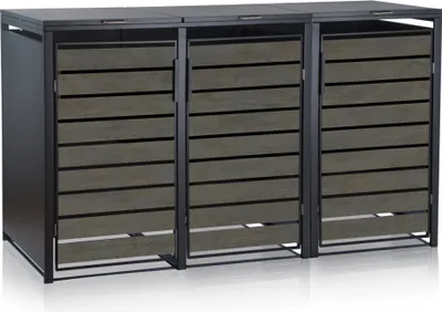 Produktbild von Zelsius, Mülltonnenbox, für 3 Mülltonnen, verzinkter Stahl, Anthrazit Holzoptik, 200x80x117 cm Außenmaß, für 120-240L Mülltonnen, Soft-Close Gasdruckfedern, Magnetverschluss, erweiterbar, inkl. Schnur für automatische Deckelöffnung