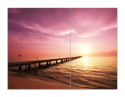 Produktbild von Wallario Herdabdeckplatte aus Glas, Größe 70 x 52 cm 2-teilig, Motiv Auf dem Weg zur Sonne  Steg am Meer