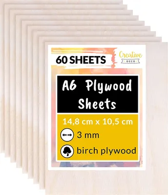 Obrázek produktu pro Creative Deco 60 x A6 Překližka 3 mm | 148 x 105 (+/- 0,5) mm | Březová Překližka Tenké Dřevěné Odřezky | Ideální List pro Frotáž, Branding, Laserové řezání, CNC Frézování, řezání, Leptání