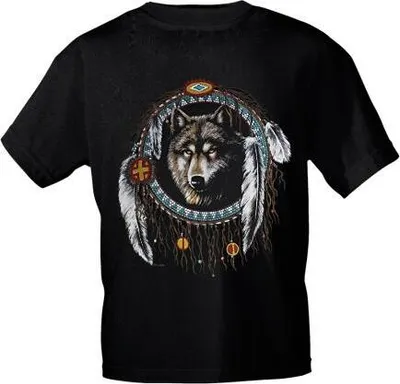 Produktbild von T-Shirt mit Print - Traumfänger Wolf Federn - YF225 schwarz - Gr. S-2XL Größe - M