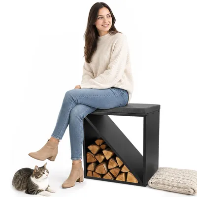 Obrázok produktu pre Pevná polica na drevo s úložným priestorom a sedákom, 60 x 36 x 59 cm, kompaktná lavica na drevo 2 v 1, nosnosť 400 kg, sedák s výškou 4 cm, čierna farba, určená do interiéru
