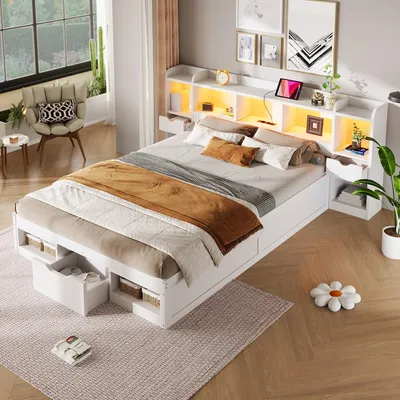 Obrázek produktu pro Postel STILVORA, platformový typ, 140x200 cm, s čelem a nožkami, s úložným prostorem. Rám postele s 3 zásuvkami a úložnými přihrádkami. Dvojlůžko s LED osvětlením a USB portem