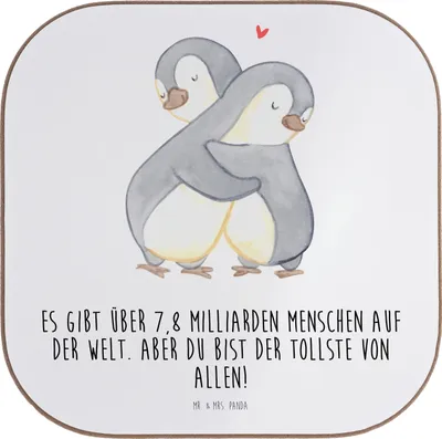 Produktbild von Mr. & Mrs. Panda Untersetzer Glas Pinguine Kuscheln - Weiß - Geschenk, für Freundin, Design, Frauen, Mitbringsel, Gläser, Coaster, Hochzeitstag, gläseruntersetzer