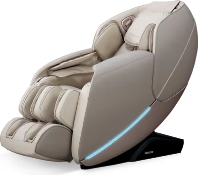 A beige and gray massage chair with blue LED lighting on a black base, shown from a side-angle against a white background.