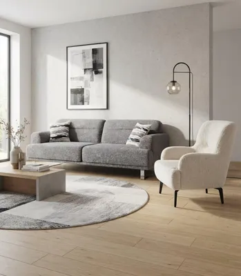 Obrázok produktu pre Štýlová rozkladacia pohovka s poťahom z materiálu bouclé, elegantnými kovovými nohami a vankúšom
