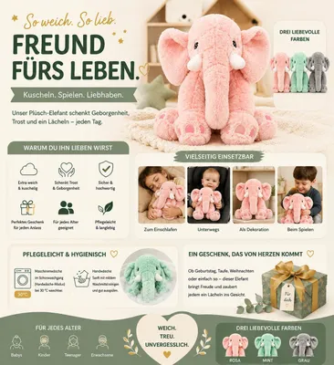 Productafbeelding van Pluche olifant XXL, zacht knuffelkussen, 70 cm, knuffel voor kinderkamers
