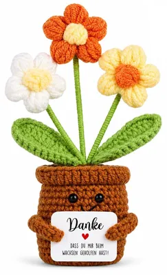 Gestrickte Blumen im Topf – bunt, handgefertigt, 3 Stück