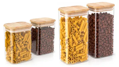 Produktbild von Arendo Vorratsgläser mit Bambusdeckel 2 x 1200 ml und 2 x 1600 ml, luftdicht mit Silikondichtung, rechteckige Glasbehälter aus Borosilikatglas, 4 Stück, transparent