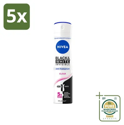 Productafbeelding van 5 x NIVEA Deodorant Spray Black & White Invisible Clear 150 ml - Voorraadverpakking - 5 stuks