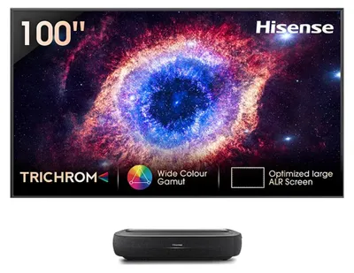 Produktbild von Hisense 100L9HD Ultrakurzdistanz Projektor mit Leinwand, 3000 ANSI Lumen, DLP, UHD 4K (3840x2160), 1000:1, 16:9, 1905 - 2540 mm (75 - 100")