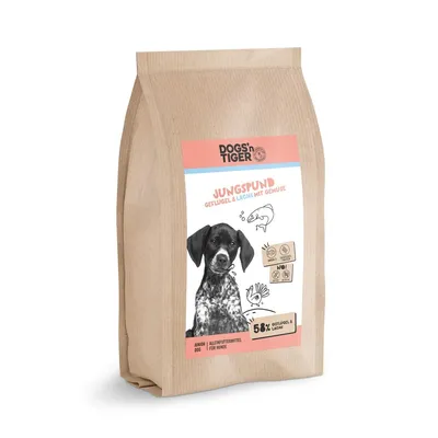 Produktbild von Dogs’n Tiger Junior Premium Hunde Futter, Jungspund, Welpen Trockenfutter, Getreidefrei, Lachs & Truthahn, 2kg
