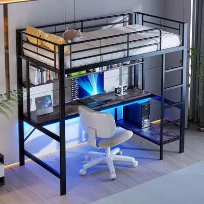 Image de OKWISH Lit Mezzanine Métal 90x200 cm - Avec Bureau et Étagères Intégrées - LED et Port USB - Sans Matelas - Noir