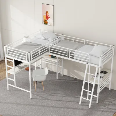 Produktbild von Hochbett mit 2 Liegeflächen und Schreibtisch, 90x200cm/90x200cm, Metallbett mit Rausfallschutz und Lattenrost
