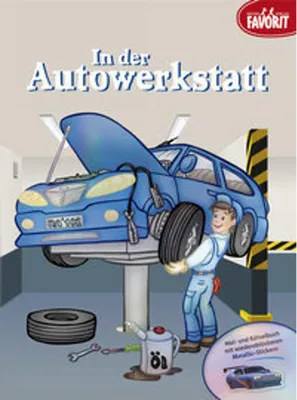 Obrázok produktu pre Malbuch In der Autowerkstatt mit farbigen Vorlagen, Stickerbogen und Aktivitätsseiten