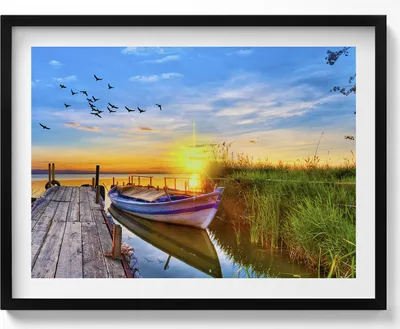 Produktbild von Blick auf den See und Sonnenuntergang– Wandbild mit Rahmen – Gerahmtes Bild  – Wanddekoration – 80x60 cm –  Schwarz Rahmen