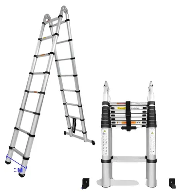 Produktbild von Teleskopleiter, A-Rahmen-Design, faltbar und tragbar, Silber