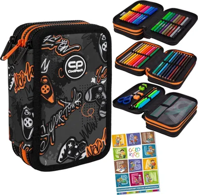 Produktbild von Federmäppchen 3 Fächer - Mäppchen für Mädchen und Jungen - Federmappe 3-Fach Federtasche Gefüllte Schüleretui 46-teilig - Schulmäppchen Gamepad