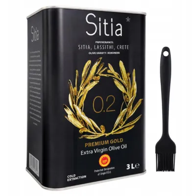 Sitia Premium Gold 0,2 % Olivenöl 3L Kanister mit schwarzem Silikonpinsel auf weißem Grund