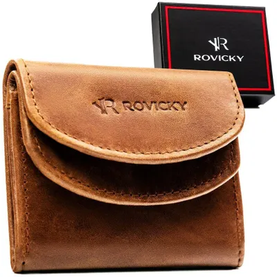 Zdjęcie produktu dla Mały, brązowy, skórzany portfel męski zamykany zatrzaskiem - Rovicky