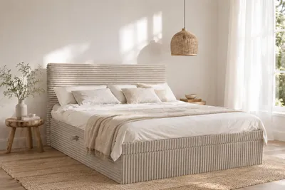 Image de Boxspringbett mit bettkasten und topper TRENTO, ohne Bein Stoff Plüsch Cord 140x200 cm Ecru