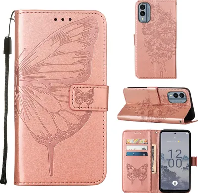 Produktbild von Lederhülle für Nokia X30 Schmetterling Prägung Flip Ledertasche Kartenfächer Handyhülle mit Ständer Pink