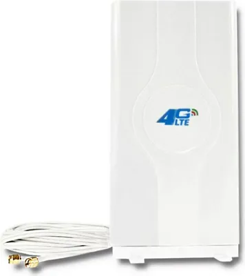 A white 4G LTE antenna with a white cable and two connectors is shown against a white background.