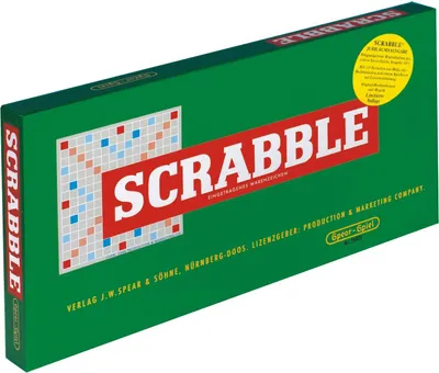 A Scrabble board game box, shown at an angle.