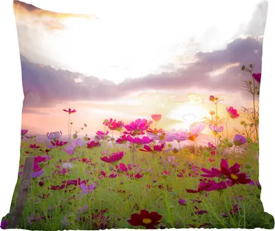 Produktbild von MuchoWow® Zierkissen Sofakissen Wohnzimmer Dekokissen 40x40 cm Sonnenuntergang - Blumen - Rosa - Natur - Grün - Foto Kissen - Schlafzimmer Dekoration