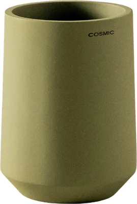 Produktbild von COSMIC SAONA Zahnbürstenhalter für Arbeitsplatte im Eleganten Design aus Harz gefertigt. Glas für Zahnbürste. Runder Behälter für Waschbecken in Olivfarbe