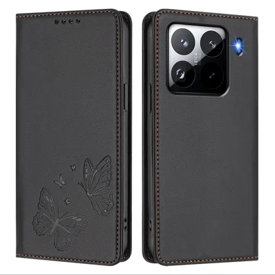 Obrázek produktu pro Kožené pouzdro pro Xiaomi 15 Pro, motýlí ražbou, peněženkové flip pouzdro se stojánkem Černá
