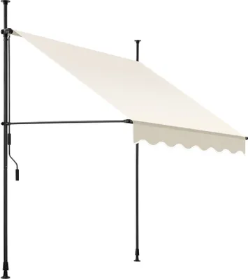 A beige awning supported by a black metal frame, shown against a white background.