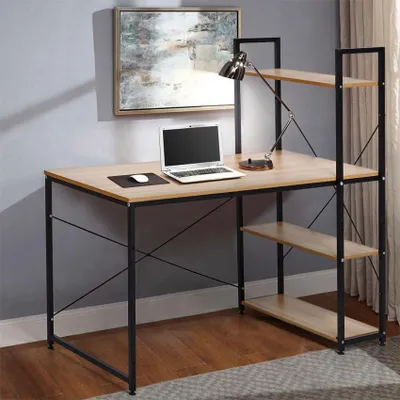 A desk with shelves in a room.
