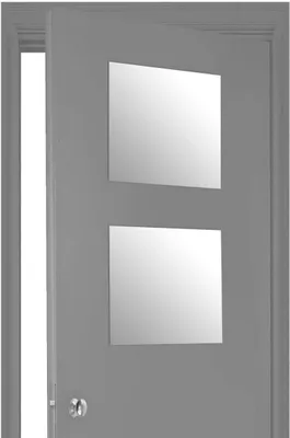 A gray door with two square windows and a silver doorknob.