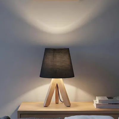 Produktbild von MinteVolt Moderne Nachttischlampe Bambus mit Stoffschirm Schwarz, Stativ, E14