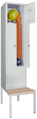 Produktbild von Z-Garderoben, untergeb. Sitzbank, Bucheleiste, 2 Abt., BxTxH 400x500/800x2150 mm, Drehriegel, RAL 7035