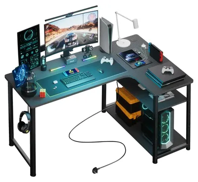 Obrázek produktu pro Herní stůl ve tvaru "L" o rozměrech 120 cm s USB nabíjecím portem, zásuvkou a úložným prostorem
