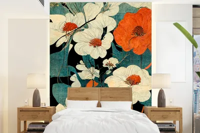 Obrázek produktu pro MuchoWow® fototapeta do obývacího pokoje nebo ložnice tapeta na zeď vinylový motiv tapety květiny - rostliny - vintage - Asie - oranžová - 190x260 cm - papírová tapeta