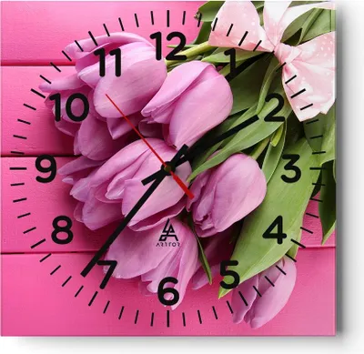Produktbild von Wanduhr - Quadrat - Glasuhr - Tulpen Blumenstrauß Garten - 40x40cm - Schleichendes Uhrwerk - Lautlos - zum Aufhängen bereit - Dekoration Modern - Wanddekoration aus Glas - C4AC40x40-2722
